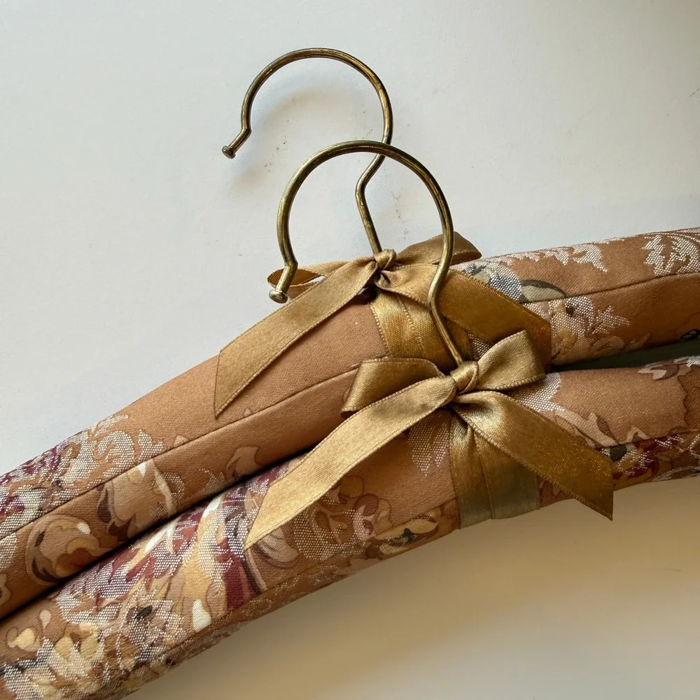 Vintage Floral Padded Hangers Set of 2 Bronze Gold Damask Satin Bow Brass Hook